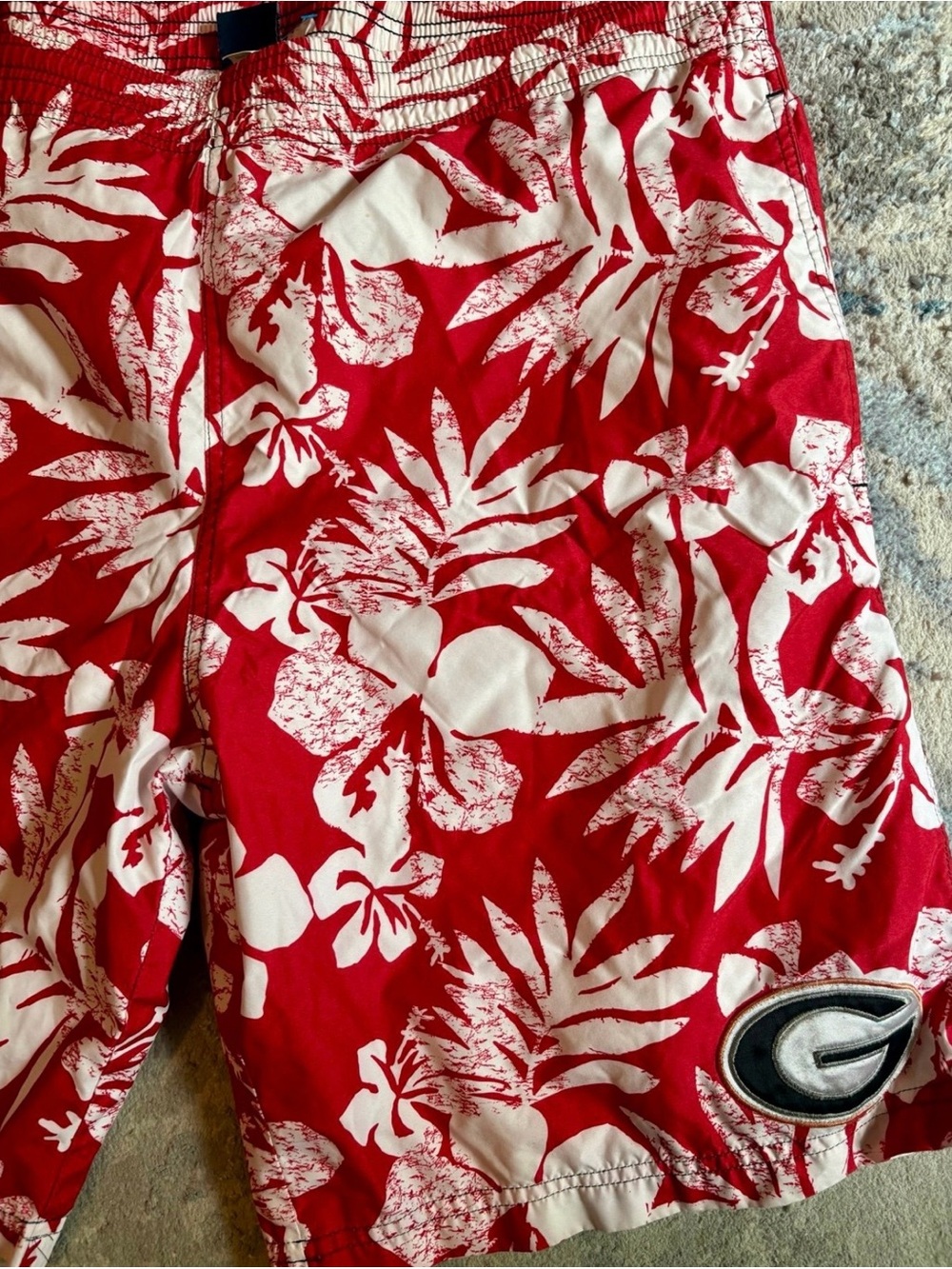 UGA Red and White Tropical Print Swim Trunks University of Georgia Bulldogs